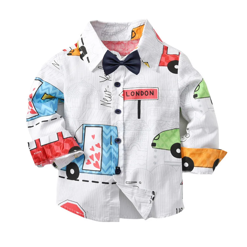 Рубашки для маленьких мальчиков с принтом из мультфильма, топы с длинными рукавами для джентльменов, изготовленные из высококачественных материалов, одежда с галстуком