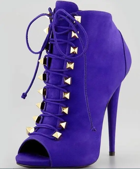 Women sexy high heel peep toe super high spike heels metal decoration cross-tied women lace up heels purple green dress shoes