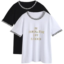 OUMENGKA новая футболка женская модная футболка с буквенным принтом топы с коротким рукавом с кружевом и круглым вырезом Женские повседневные свободные стильные женские футболки
