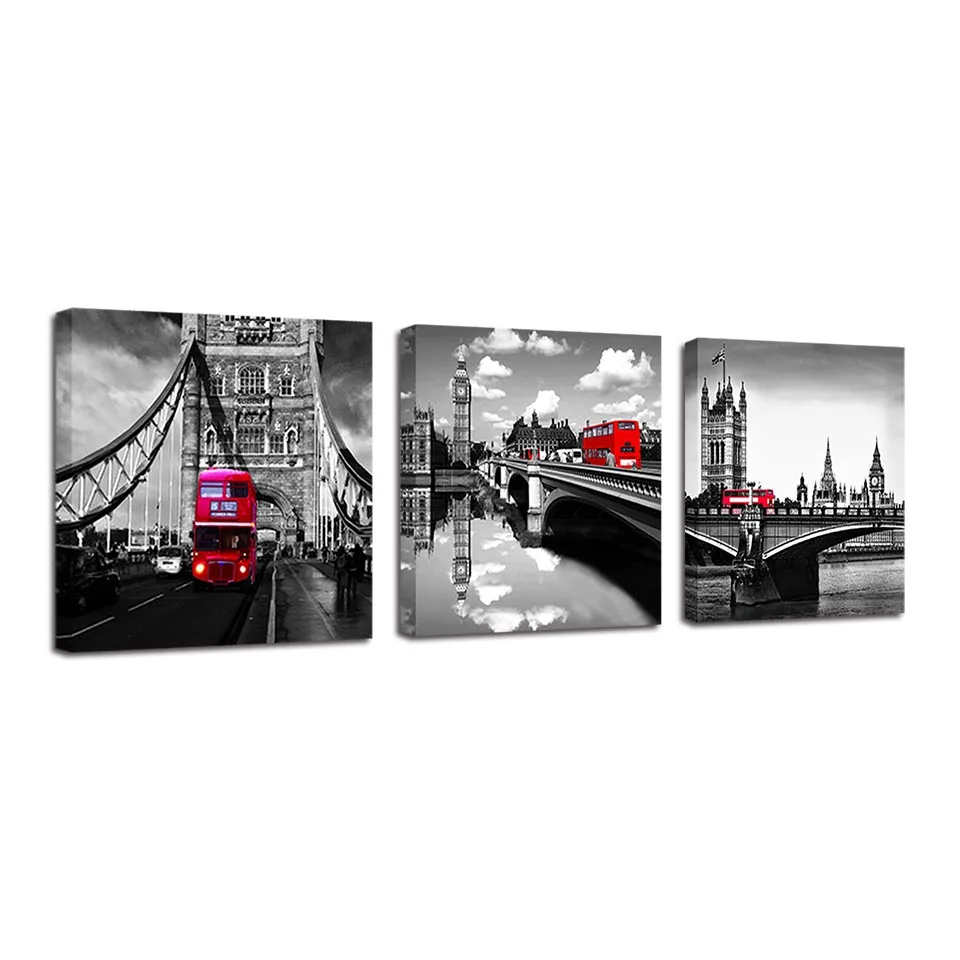 Картины на холсте для гостиной, настенные художественные принты, 3 предмета, Лондонский мост, башня, картины, красный автомобиль, автобус, плакаты, домашний декор, рамки