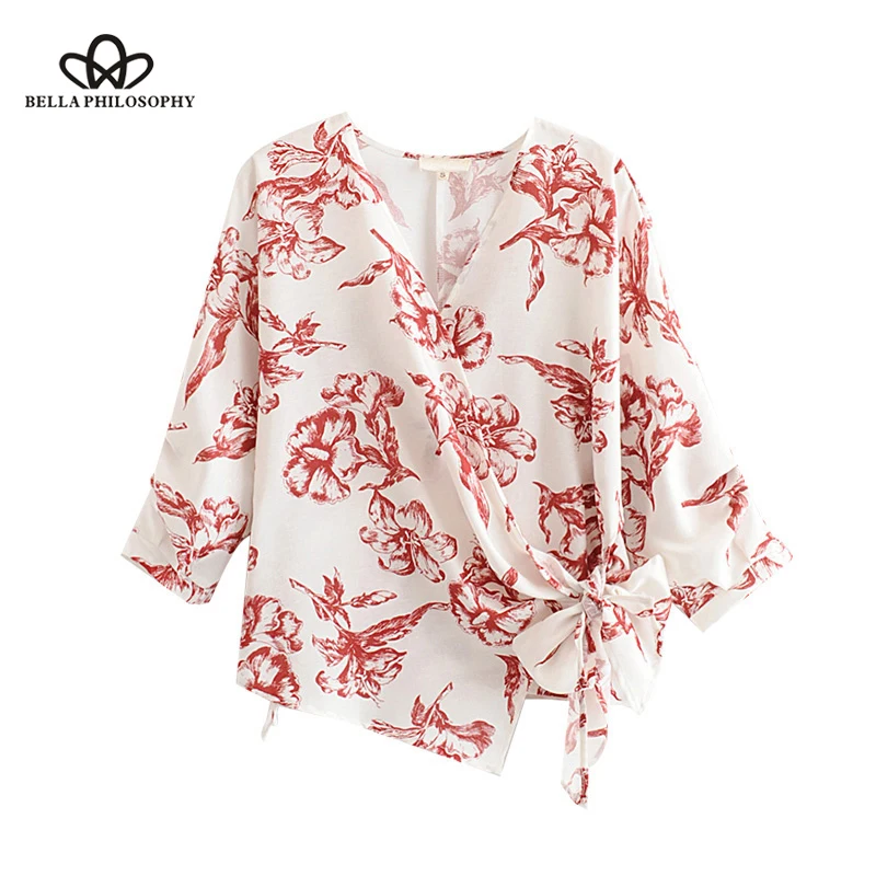 Floral Print Wrap Tops Women Blouses 2019 Fashion V Neck Side Bow Tie Ladies Shirts Casual Blusas Mujer Wonder Store