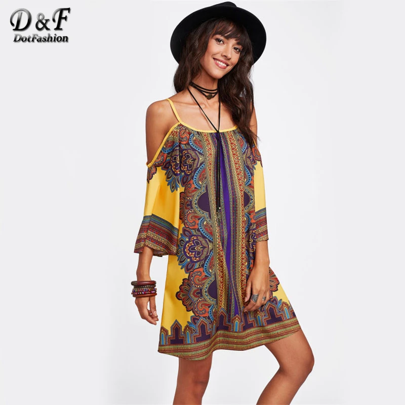 Dotfashion القبلية طباعة كيمونو كم اللباس 2019 الصيف متعدد الألوان قصيرة اللباس النساء 3/4 كم الباردة الكتف تونك اللباس التحول