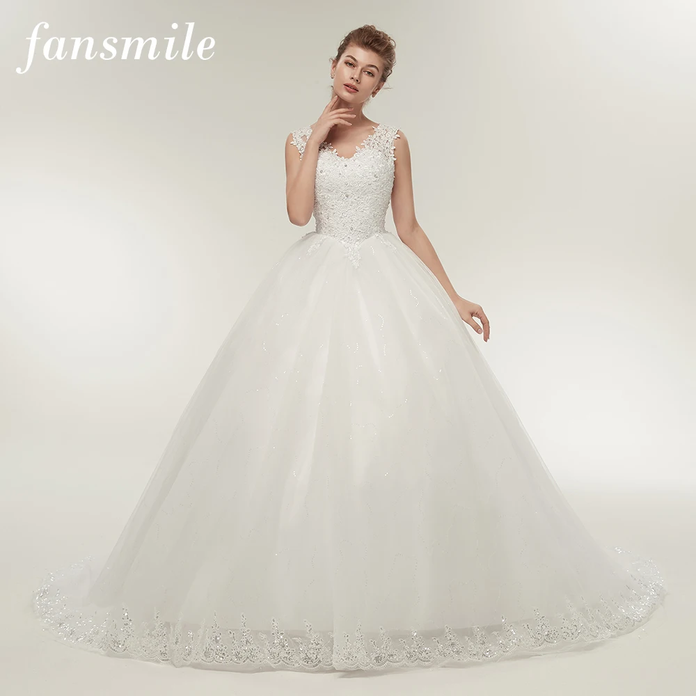 Женское свадебное платье Fansmile кружевное бальное с длинным шлейфом и двойным