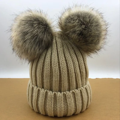 Теплые зимние шапки для маленьких мальчиков и девочек, большие размеры 15 см, помпон с искуственным мехом, детские вязаные шапки - Цвет: Beige