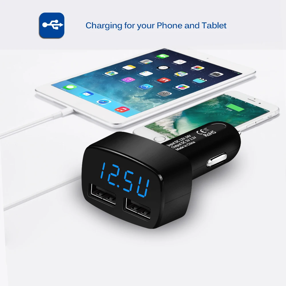 

5V/3.1A 2 USB Car Charger Adapter Dual USB LED Display Temperature DC 12-24V Auto Car Chargers For Mobile Devices