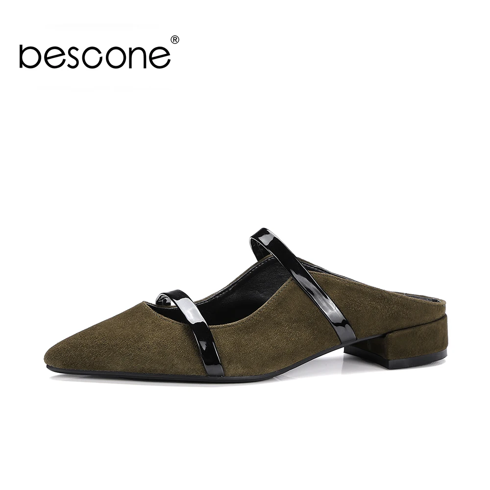 

BESCONE Brand Shallow Flats Sexy Pointed Toe Soft Kid Suede Fashion Slip-on Lady Mules Quality Handmade Elegant Woman Shoes BO93