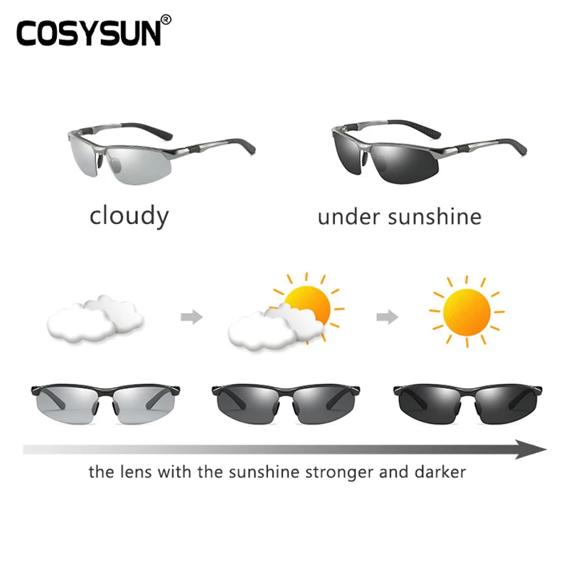 COSYSUN Brand Driving Glasses Photochromic Polarized Sunglasses Men Aluminum Sport Goggle Transparent Chameleon Glasses CS121