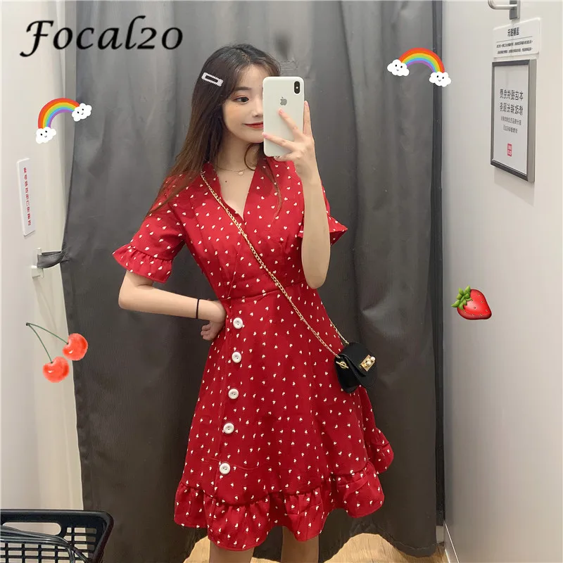 

Focal20 Sweet Heart Ruffle Button Female Chiffon Dress V-neck Short Sleeve Above Knee Loose Spring Summer Women Dress