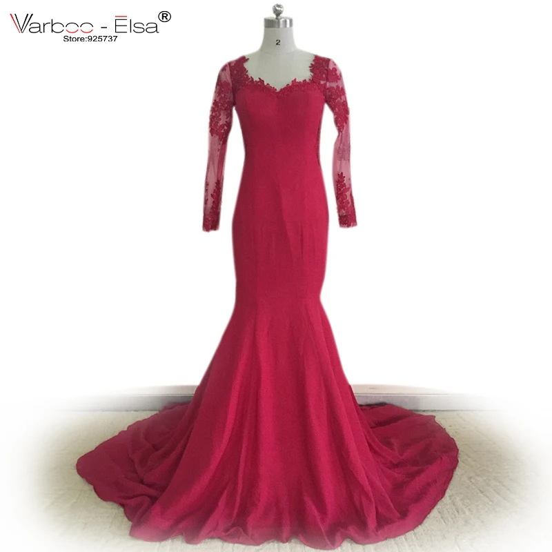 Robe Dubai Red Lace Evening Dress long Sleeves Mermaid 2018 Elegant Applique Long Sleeve Burgundy Prom Dresses | Свадьбы и торжества