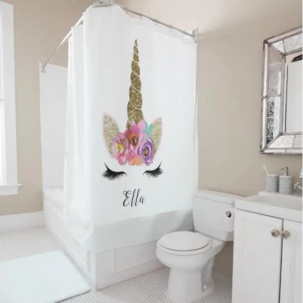

Floral Unicorn Eyelash Shower Curtain Personalised Gold Glitter Girls Sparkle Unicorn Bathroom Curtain Set Birthday Gift 180cm