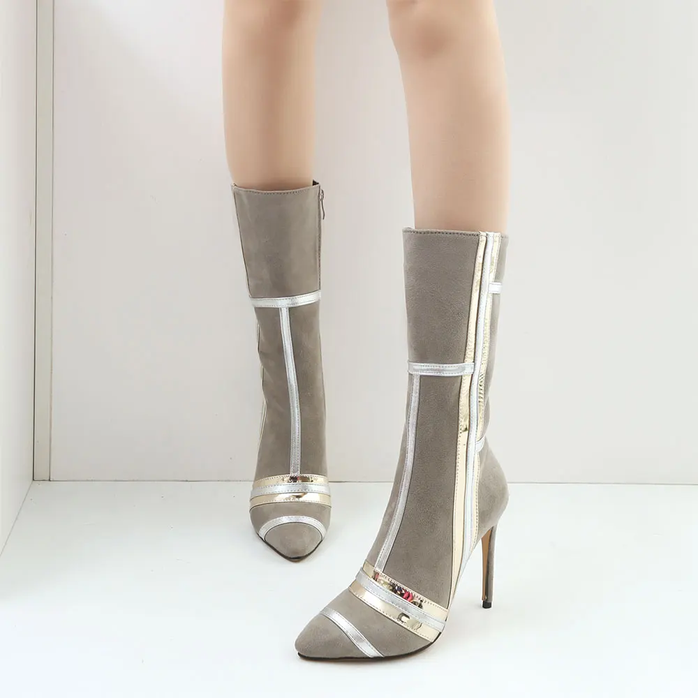Sgesvier/Сапоги до середины икры на высоком каблуке; женские модные дизайнерские Замшевые полусапожки на молнии с острым носком; большие размеры; OX959