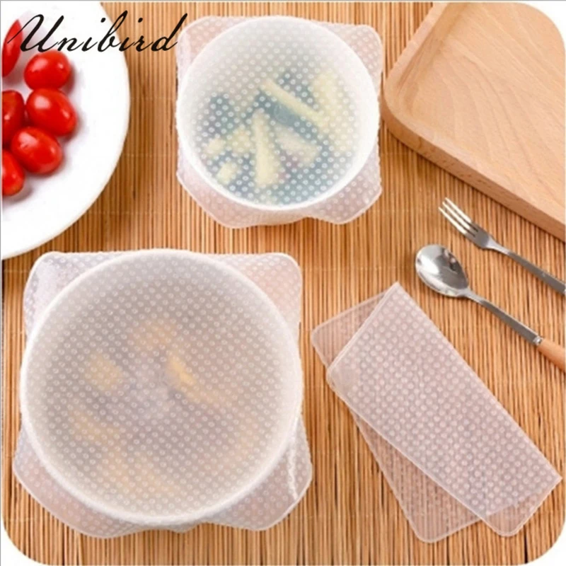 

Unibird 4Pcs Food Grade Silicone Stretch Lids Saran Wrap Sealing Cover Food Preservation Reusable Fresh Wrap Kitchen Accessories