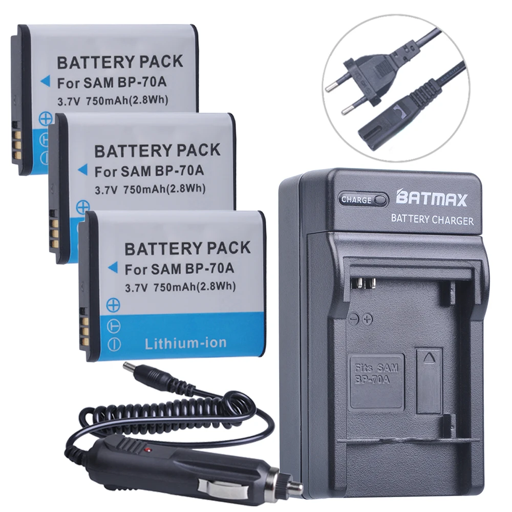 3Pc 750mAh BP 70A BP 70A Camera Batteries + AC Car Charger Plug for Samsung SL630 WP10 TL205