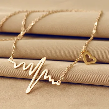 

Hot Wholesale Fashion Simple Wave Heart Necklace For Women Heartbeat Gold Pendant Charm Necklace Geometric Love Jewelery