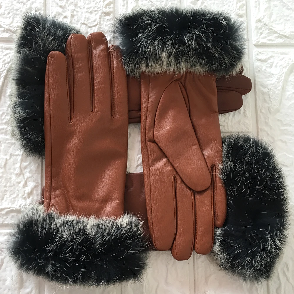 

Women Winter leather gloves Genuine 2019 New Fashion Brand Rabbit Fur Warm Driving Girls Gloves Goatskin Mittens Guantes NM64