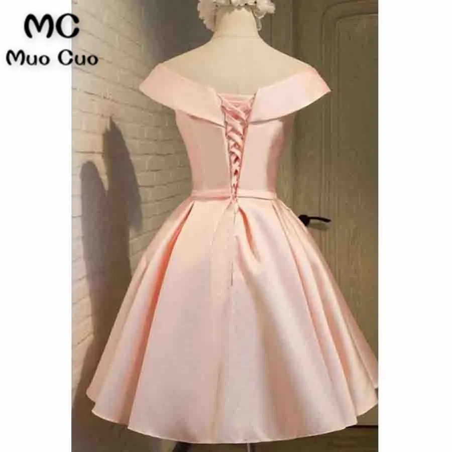 Pink satin off-shoulder lace up dress,homecoming dress3