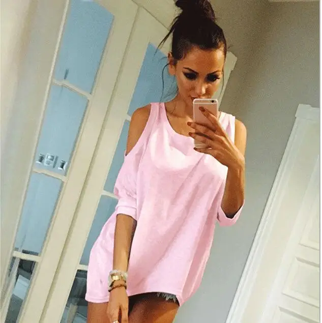 Summer Women T-Shirt O-Neck Solid Color Off Shoulder Sexy Long T Shirt Casual Loose Top Tees Plus Size 5XL Pink