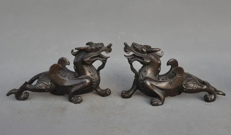 Chinese Fengshui Pure Brass Evil Dragon Kylin Unicorn Wing Beast statue