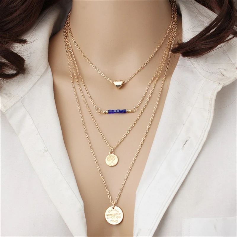 

1 Pc New 3 Layers Plated Stainless Steel Link Chain Long Pendant Necklace Women Party Gifts Fashion Jewelry