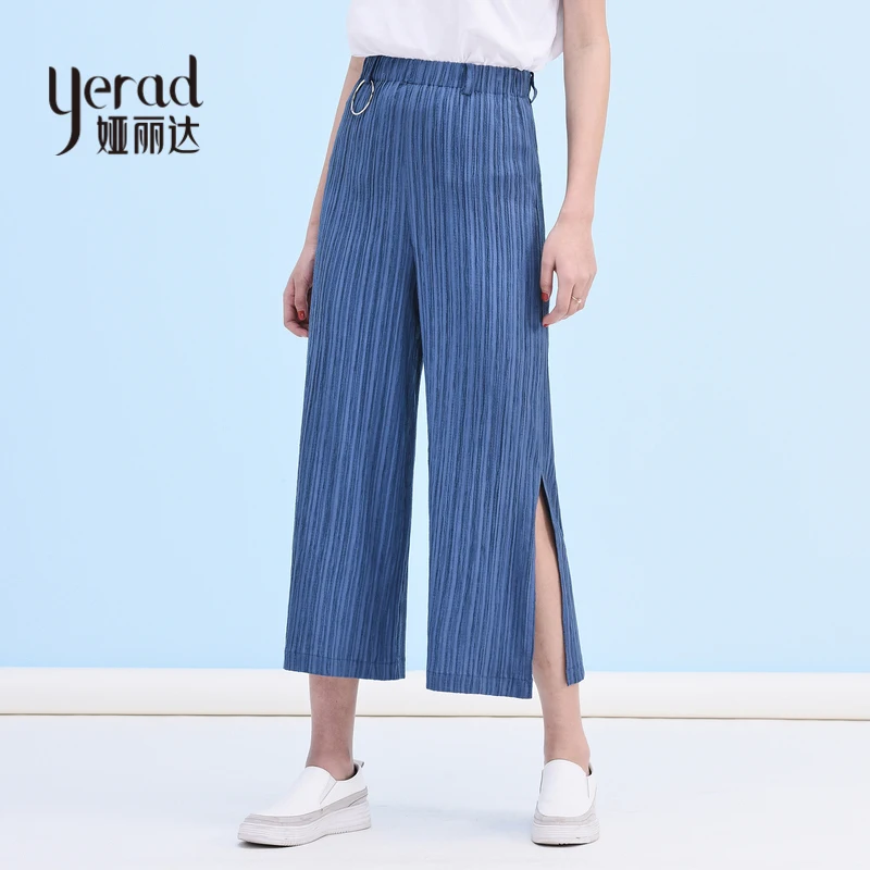 

YERAD Women Summer Linen Pleated Elastic Waist Stretchy Ankle Length Wide Leg Pants Elegant OL Palazzo