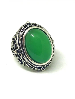 

Women Round Green Jade Stone Crystal Vintage Retro Silver Ring