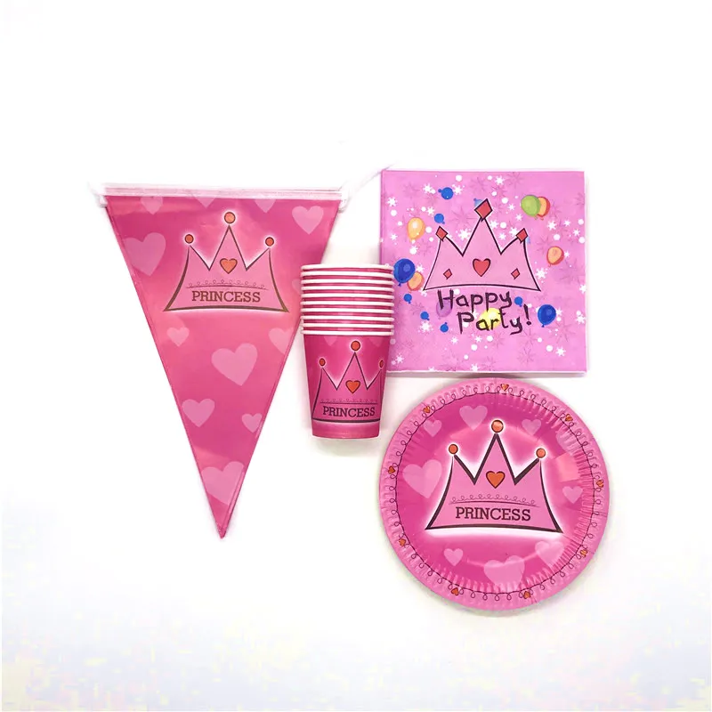 

Pink Crown Theme 80Pcs/lot Event Party Wedding Family Party Napkin Girls Favor Birthday Paper Cup Plate Banner Decoration Supply