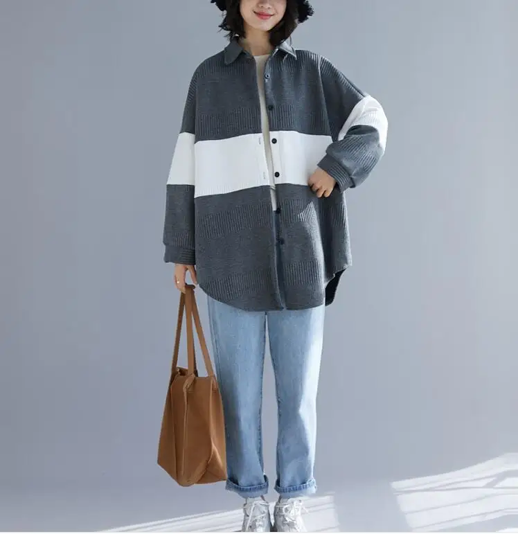 Qooth модное женское пальто повседневное весеннее свободное вязаное пальто одинарной вязки утепленная куртка одежда в японском стиле QH1743 - Цвет: grey