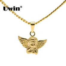 Uwin крошечный Ангел детское ожерелье Шарм Золотой Цвет кубинская цепь нержавеющая сталь модные украшения подарки на день рождения для женщин/мужчин Подвески