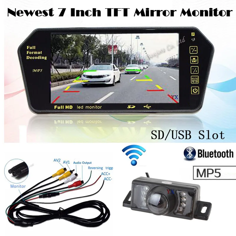 

KOORINWOO 7 Inch Car Monitor MIRROR with Car Rear view camera SD USB Solt Bluetooth Hands-Free MP4 MP5 Video parking Camera