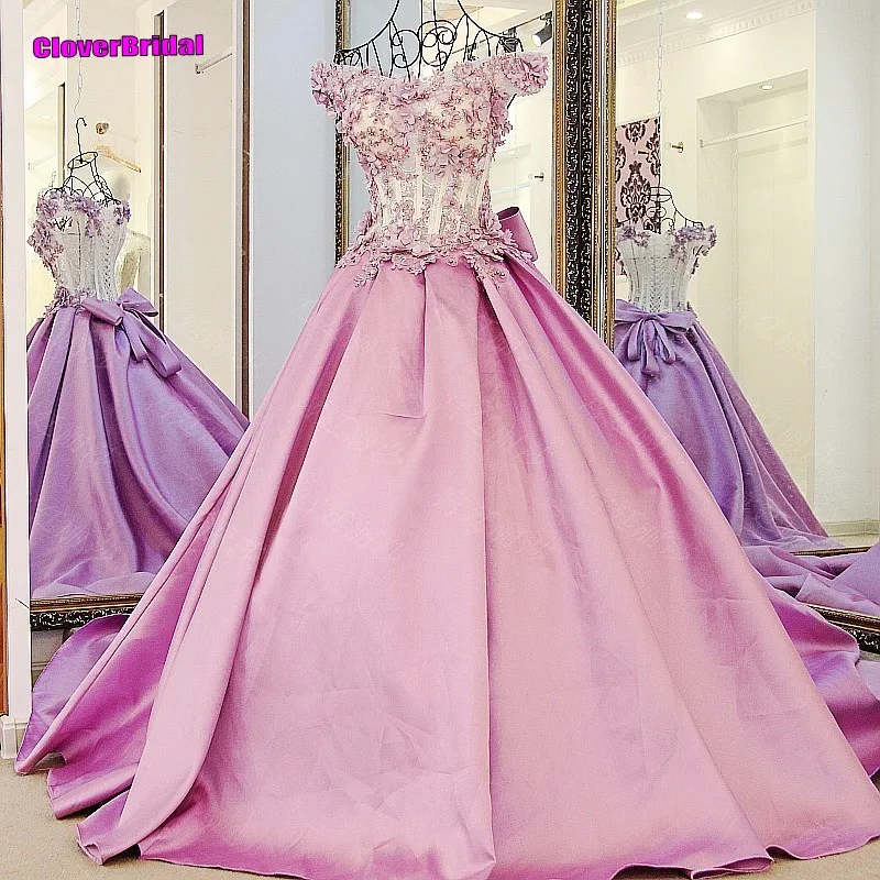 Свадебное атласное розовое платье с большим бантом на спине CloverBridal украшенное