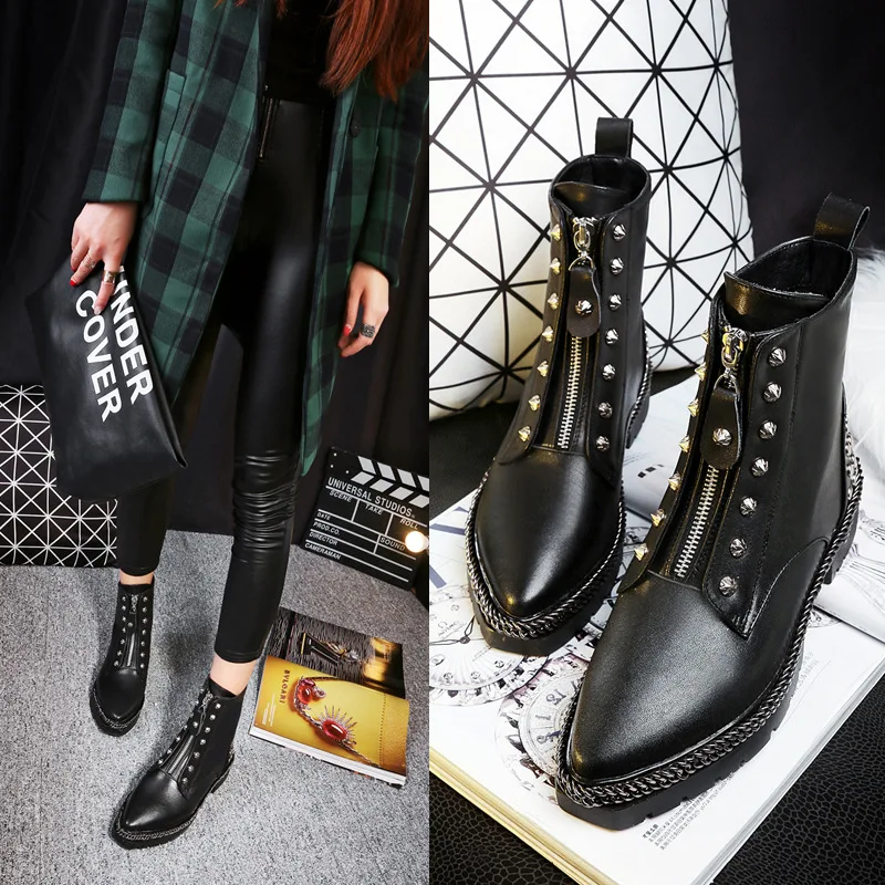 

Autumn and winter new women's shoes pointed thick with short boots leather boots chain wild female Martin boots.