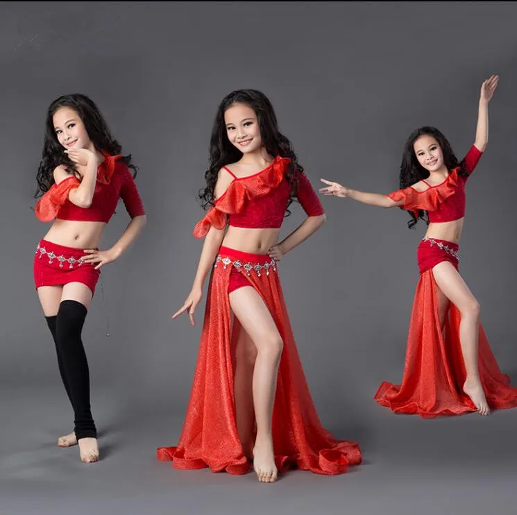 

Children 3 Piece Belly Dance Costume Shine Long Skirt Lotus Top Girl Dance Performance Show Wear Korea Design Red Black Blue