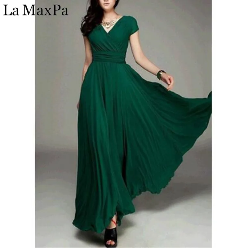 Womens Dress Bohemian Long Maxi Sexy Woman Maxi Long Summer Boho Beach Evening Party V-Neck Floor Length Chiffon Pleated Dresses