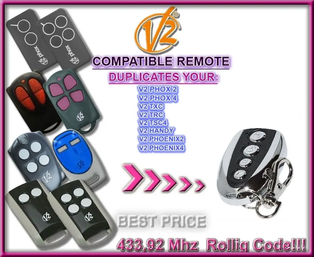 

V2 PHOX2 PHOX4 PHOENIX 2 PHOENIX 4 TSC2 TSC4 TRC2 TRC4 TXC2 TXC4 HANDY2 HANDY4 433,92Mhz rolling code remote duplicator