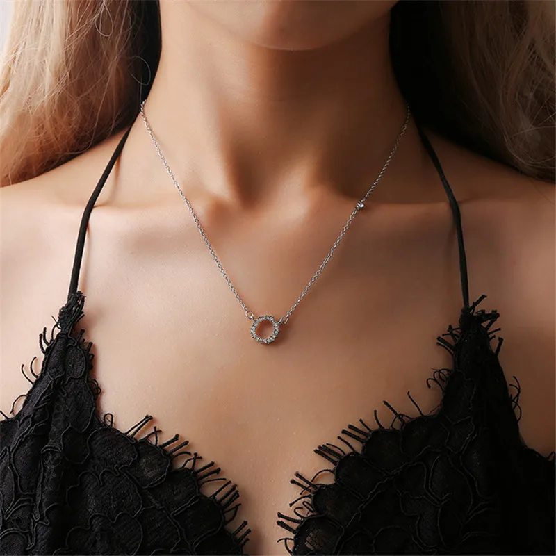 

Lucky Brand Bijoux Silver Chain Circle Pendant Necklaces Wedding Jewelry Charm Rhinestone Round Chokers Necklaces For Women