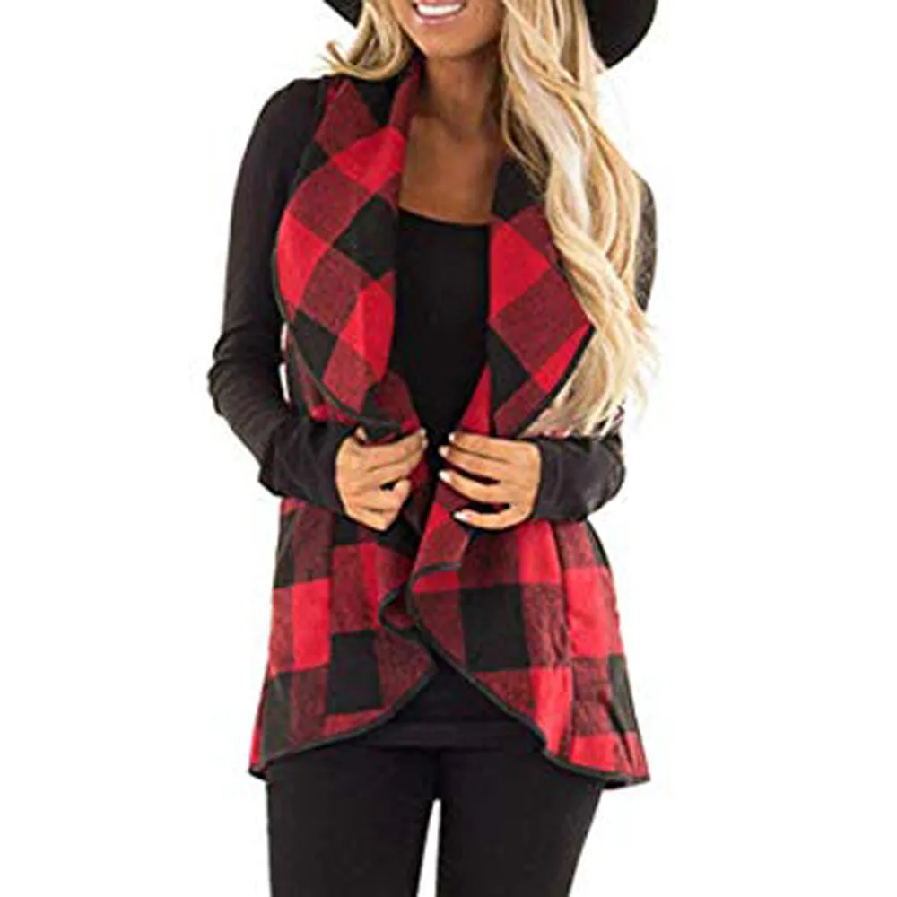 Womens Vest Plaid Sleeveless Lapel Open Front Cardigan Sherpa Jacket Pockets Waistcoat Women Fall Casual long vest long coat
