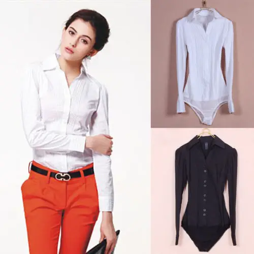 

ew Women's Elegant Long sleeve Cotton OL Bodysuit Shirt Blouse Button Design
