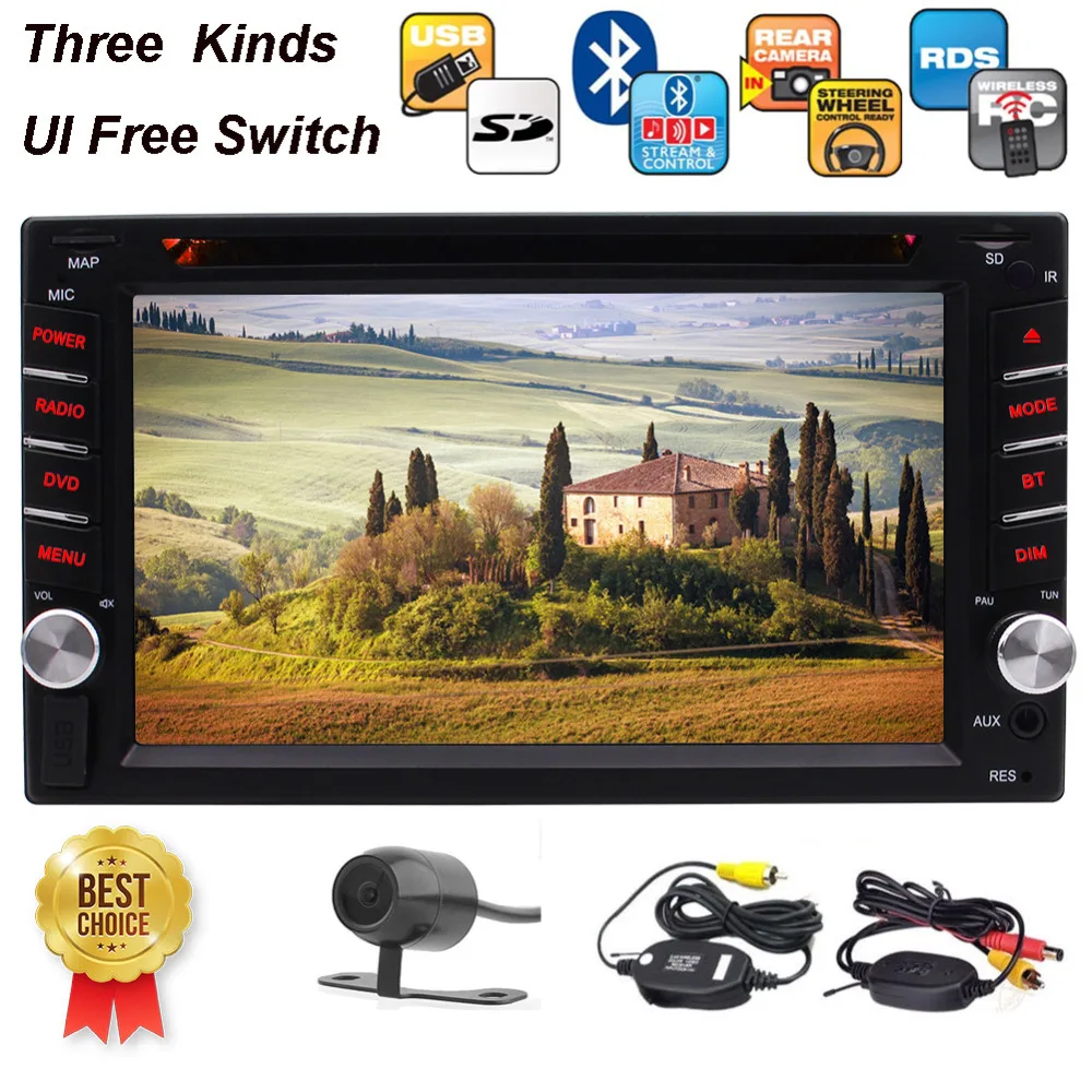 

Wireless Camera+6.2'' Double Din In-Dash Car Stereo Receiver Bluetooth 1080P DVD/MP3/MP4 Player AM/FM Radio Microphone SD Memory