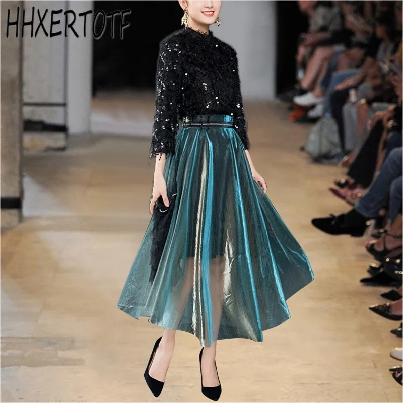 

Women Two Piece Suit Dress 2019 Runway Spring Black Tassel Sequined Crop And Mesh Patchwork Feather Fringe Skirt Sets