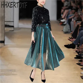 

Women Two Piece Suit Dress 2019 Runway Spring Black Tassel Sequined Crop And Mesh Patchwork Feather Fringe Skirt Sets