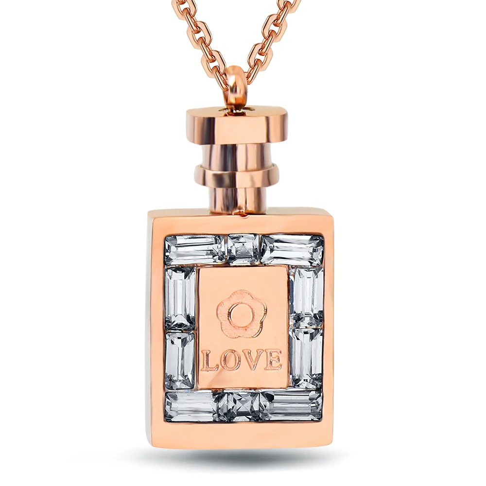 

Fashion 316L Stainless Steel Jewelry luxury women Rose Gold Color Perfume Bottle necklace chain Lady CrystalJewelry