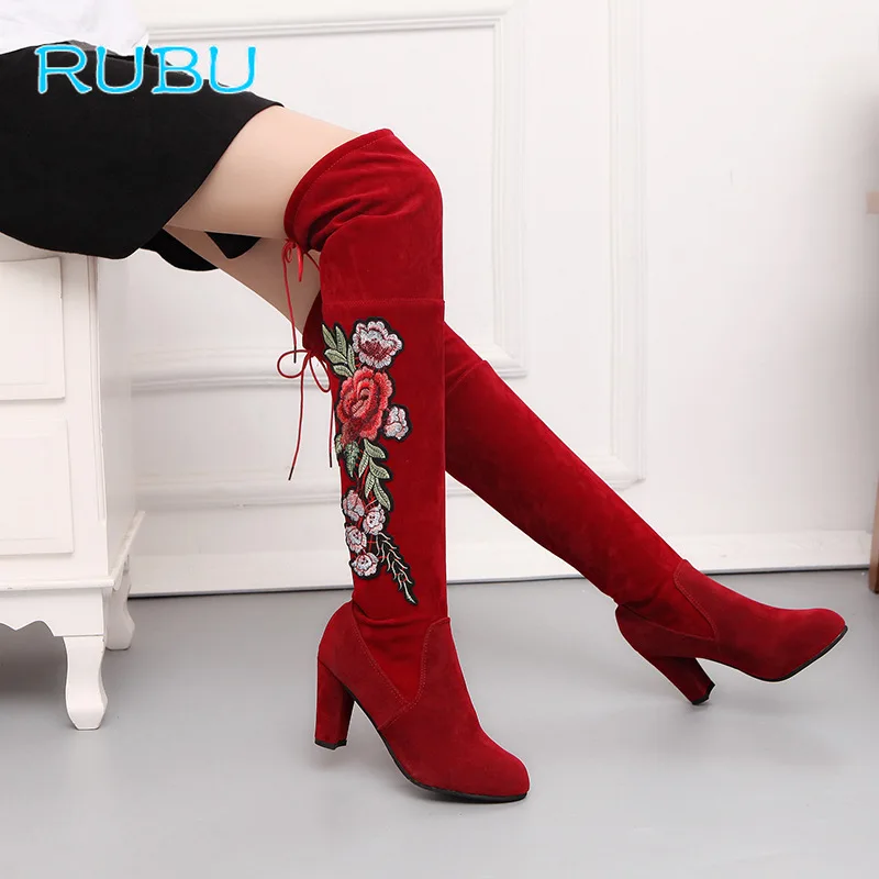 

Women Rose Embroider Thigh High Boots Over The Knee Boot Flock High Heels Shoes Ankle Boots Plus Size 35-43