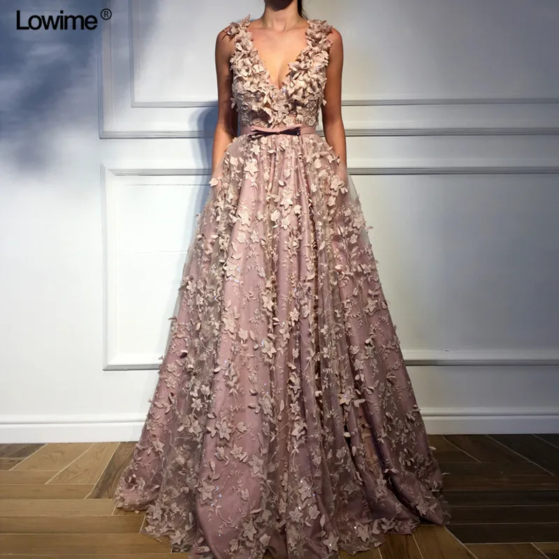 

New Sexy Deep V-Neck Evening Dresses 2019 Lace Long Abendkleider Turkish Arabic Dubai Sleeveless Prom Party Dresses Women