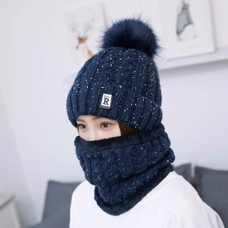 Модные зимние шляпы для женщин Beain Hat Kitted Big Ball gorro invierno mujer Зимний шарф и шапка, комплект, сохраняющий тепло