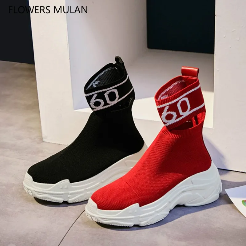 

Fashion Black Red Stretch Fabric Sock Boots Women Round Toe Middle Rubber Heel Winter Shoes Woman Fretwork Ankle Buckle Zapatos