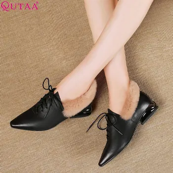 

QUTAA 2019 Women Pumps Cow Leather+Pu Fashion Women Shoes Platform Lace Up All Match Warm Casuel Ladies Pumps Size 34-42