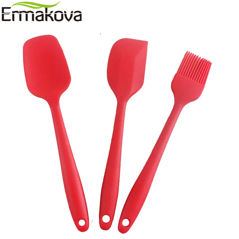 ERMAKOVA 3 Pcs Silicone Scraper Spatula Brush Set with Stainless Steel Core Non-Stick Heat-Resistant Kitchen Pastry Baking Tools