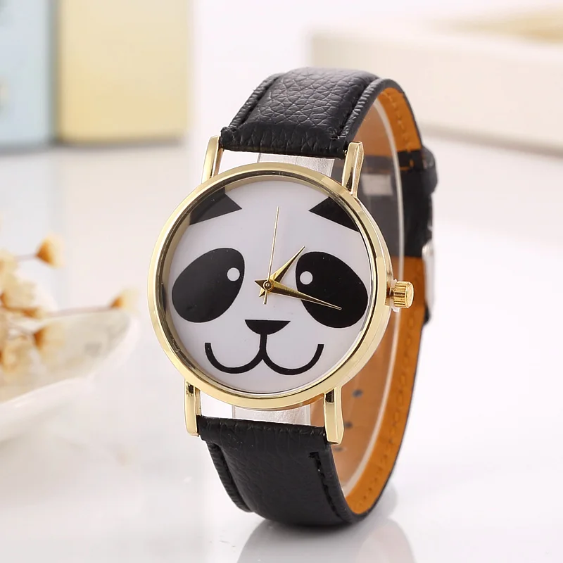 

ladies Watch Fashion Cute Panda Bears Pattern Quartz women Watch Gold Dial Color Leather Strap, Jewelry Feminino reloj mujer