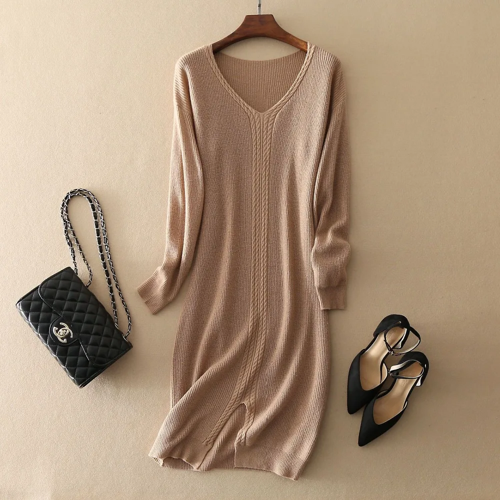 

Autumn/winter Cashmere Dress Long Sleeves Solid Color Christmas Dress Girl High-end Bottoming sweater Womens Pure Cashmere Dress