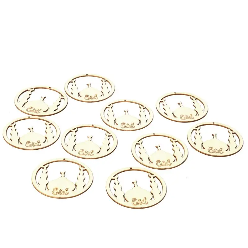 

1 Set Eid Mubarak Festival Wooden Pendant Hollow Home Decoration Hanging Natural Wood DIY With Linen Ropes Ornament